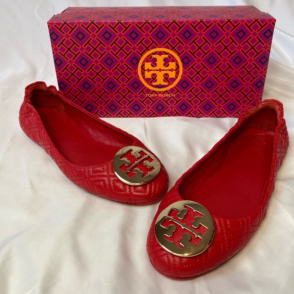 Like New Tory Burch flats Red Quilted Minnie Nappa Leather size 7 w/ box!
